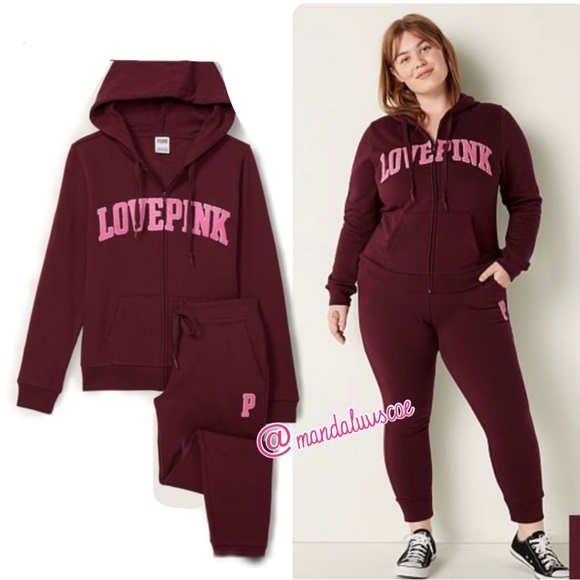 💗VS PINK PLUM FULL ZIP HOODIE & SKINNY JOGGER GIFT SET - Picture 1 of 5